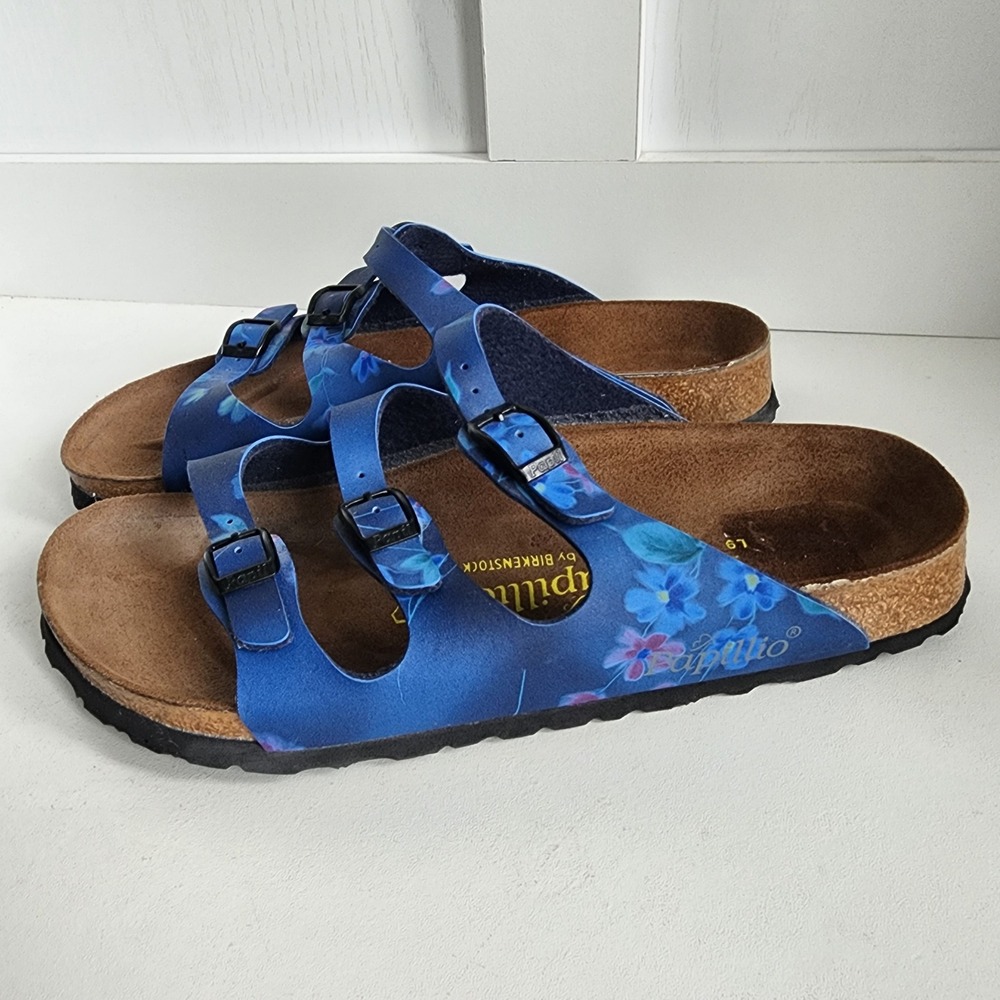 Papillio by Birkenstock Vintage Blue Floral Triple Strap Sandal Women 40 L9 RARE